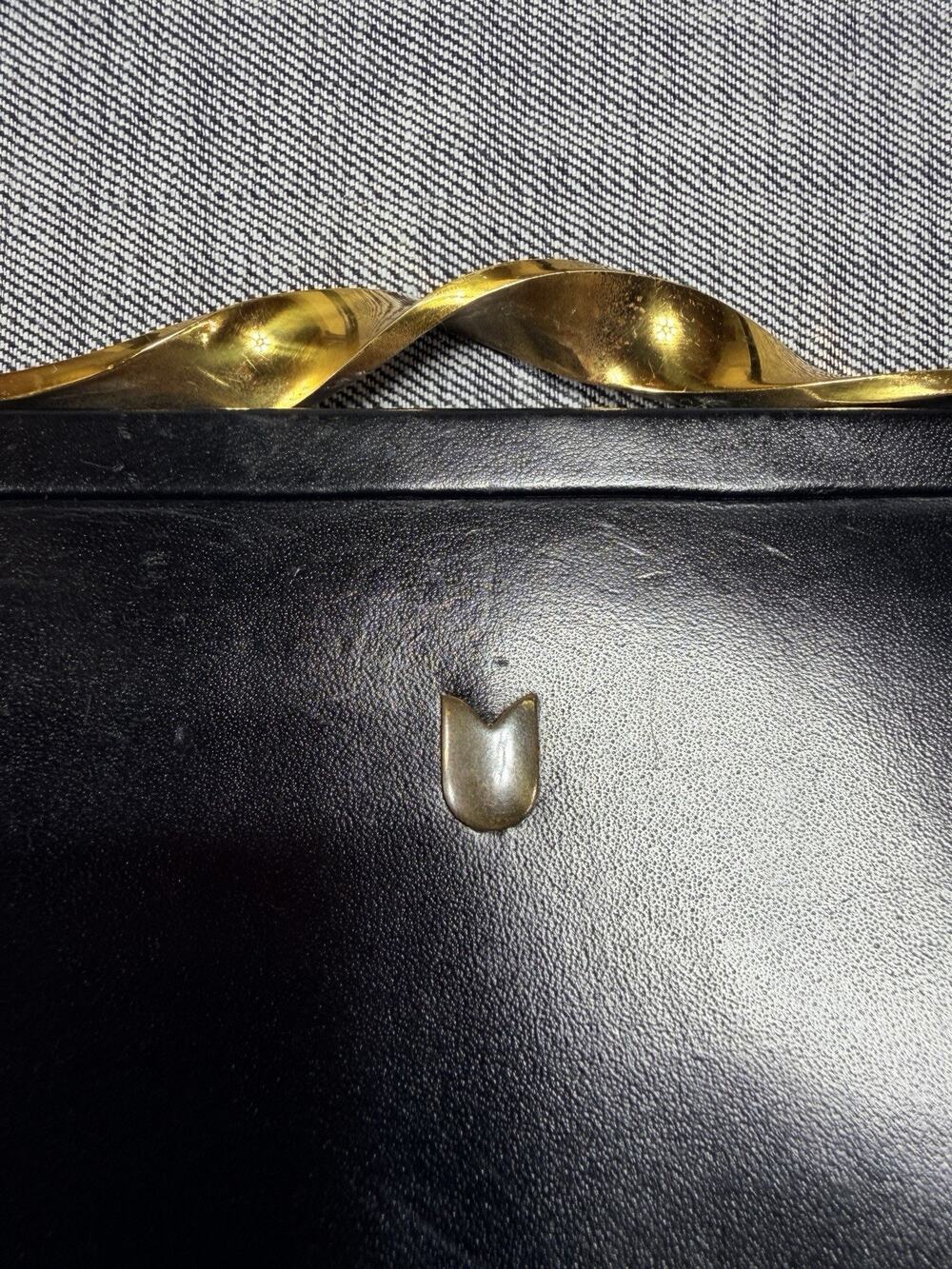Vintage Amity Black Leather Frame Bag Gold Twist Top Handle Handbag Purse